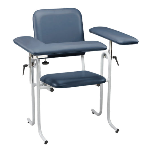 Navy blue blood donation chair with armrests and footrest on a white background