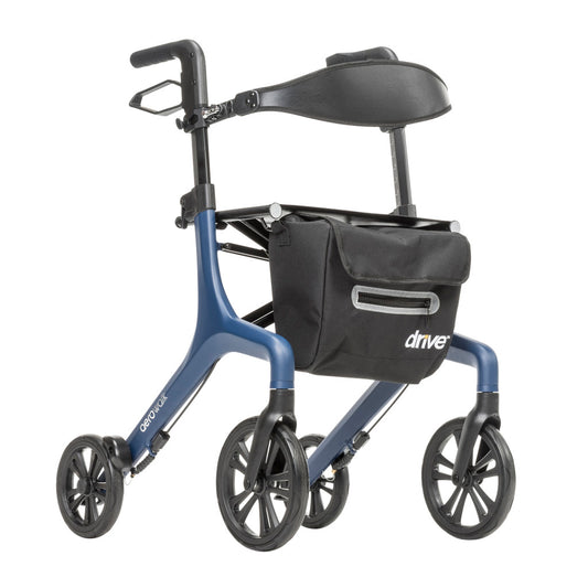 Blue rollator with a black bag on a white background