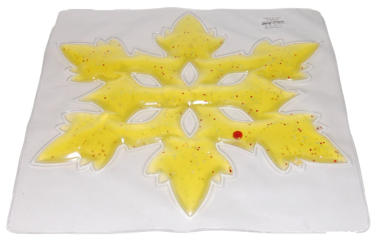 Yellow snowflake-shaped object on a white background