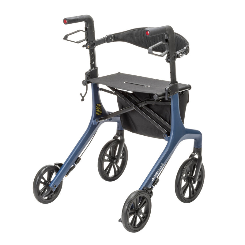 Blue rollator with a seat on a white background