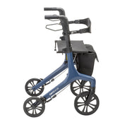 Blue rollator with four wheels on a white background