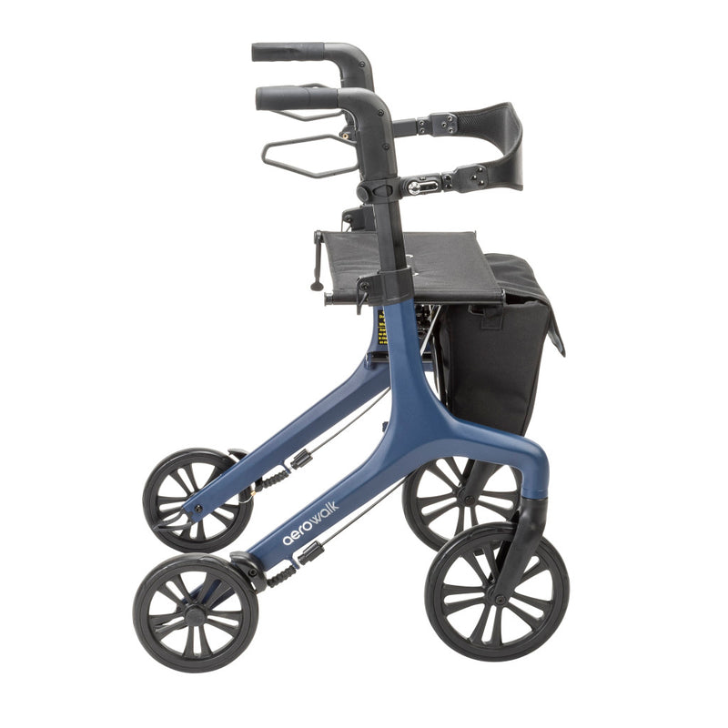 Blue rollator with four wheels on a white background