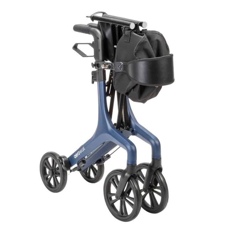 Blue rollator with black wheels on a white background