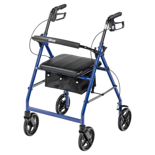 Blue rollator with a seat on a white background