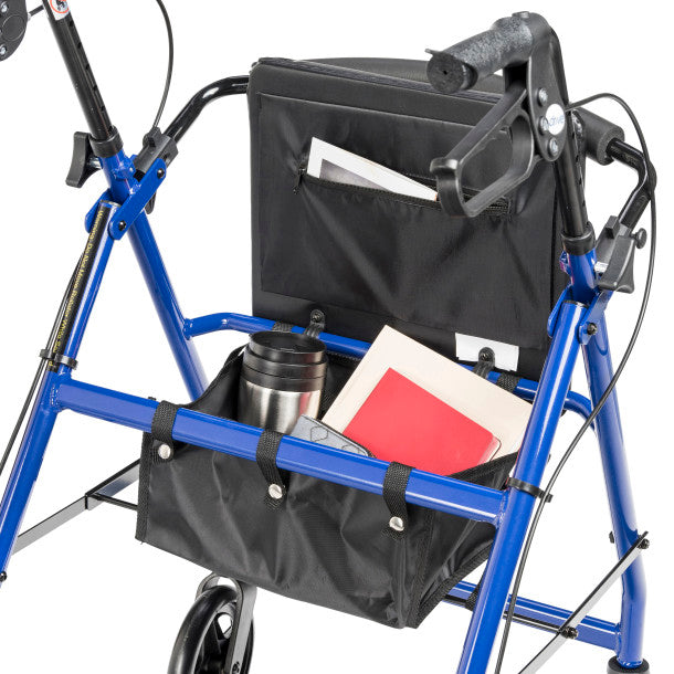 Blue walker with black bag containing a book and a thermos on a white background