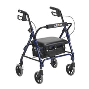 Blue and black walker with a seat on a white background