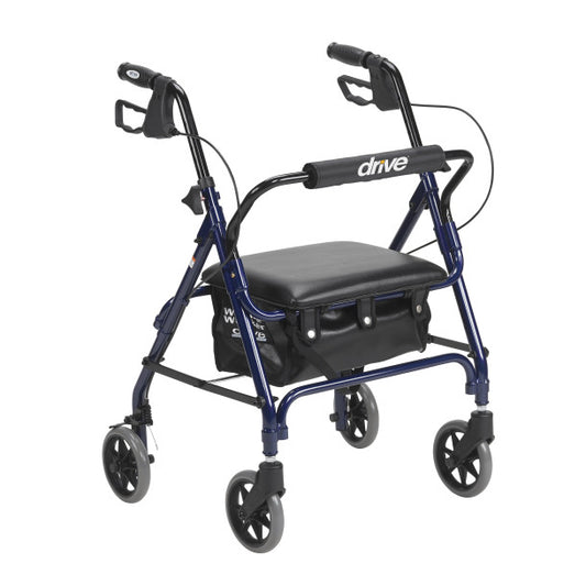 Blue and black walker with a seat on a white background