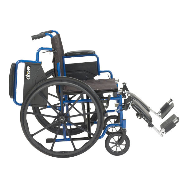 Wheelchair with blue frame and black seat on a white background