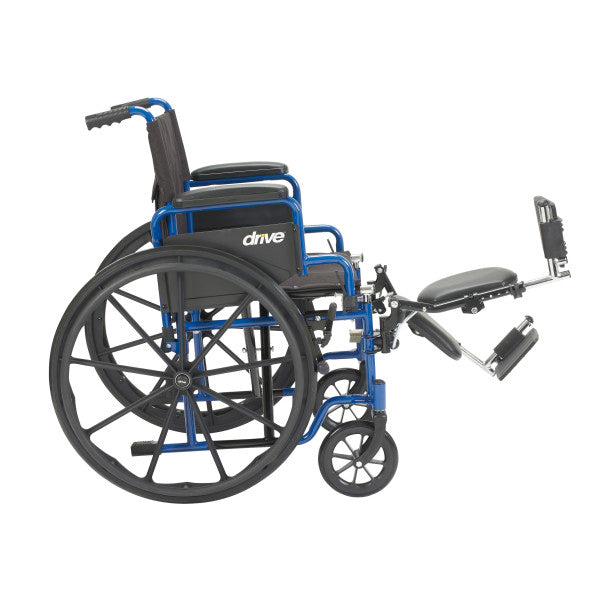 Wheelchair with blue frame and black seat on a white background