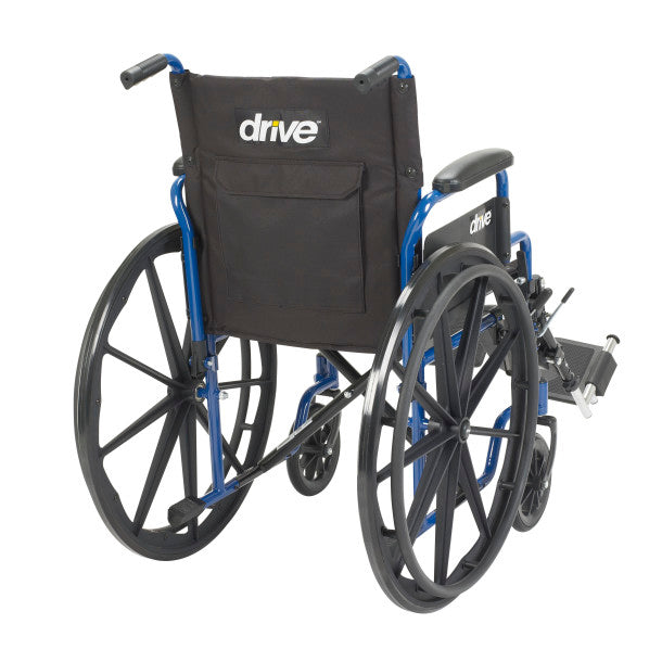 Wheelchair with blue accents and a black cover displaying 'drive' brand on a white background