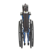 Wheelchair with blue frame and black seat on a white background