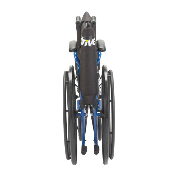 Wheelchair with blue frame and black seat on a white background