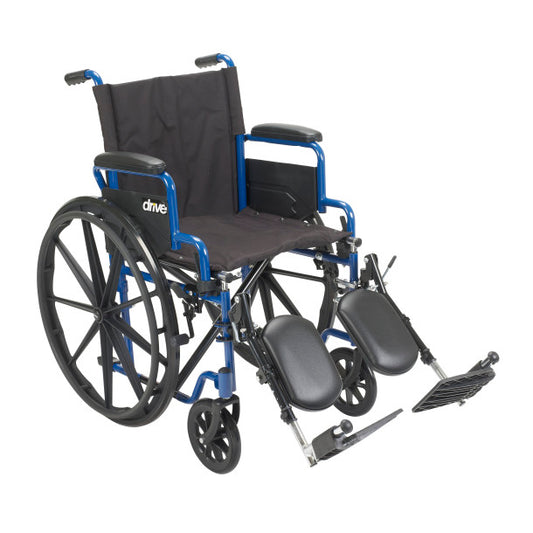 Wheelchair with blue frame and black seat on a white background