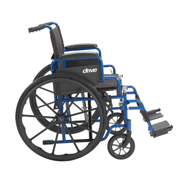 Wheelchair with blue frame and black seat on a white background