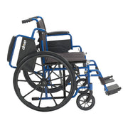 Wheelchair with blue frame and black seat on a white background