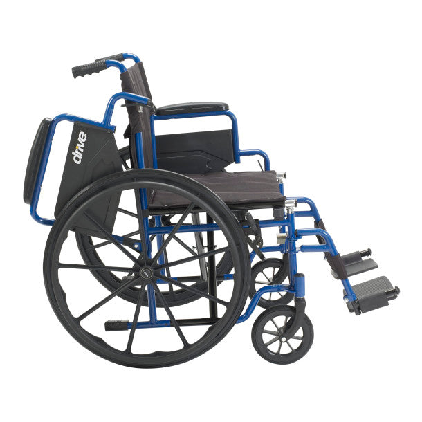 Wheelchair with blue frame and black seat on a white background