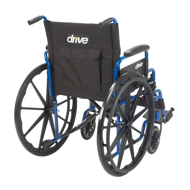 Wheelchair with black seat cover and blue frame on a white background
