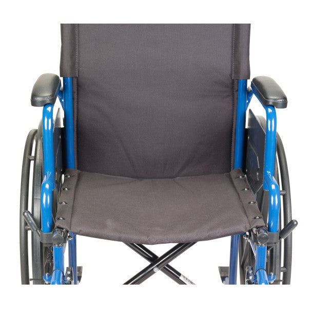 Wheelchair with blue frame and gray seat on a white background