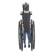 Wheelchair with blue frame and black seat on a white background