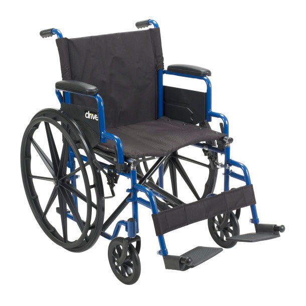 Wheelchair with blue frame and black seat on a white background