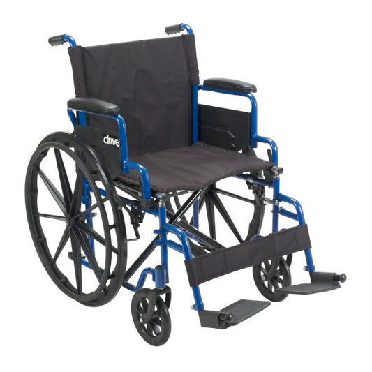 Wheelchair with blue frame and black seat on a white background