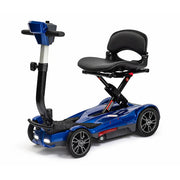 Blue mobility scooter with a seat on a white background