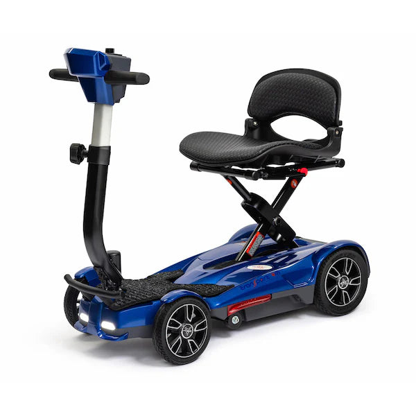 Blue mobility scooter with a seat on a white background
