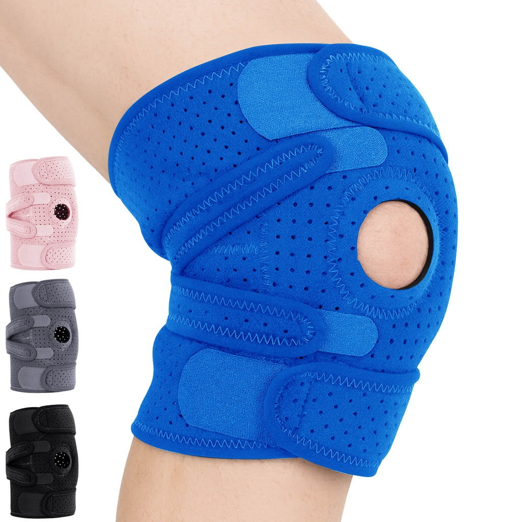 Blue knee brace on a person's knee with additional color options displayed below.