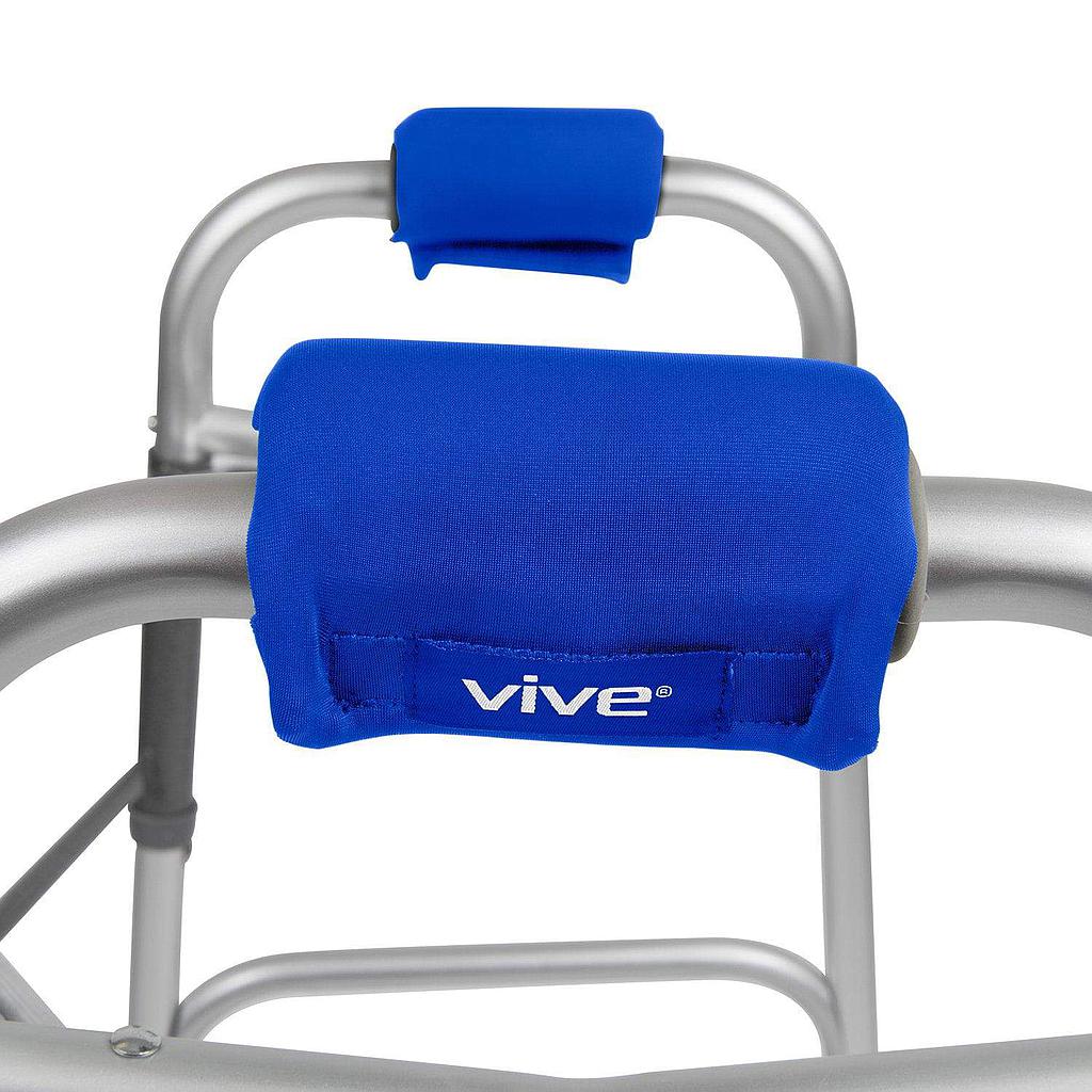 Blue armrest covers with 'vive' branding on a walker frame.