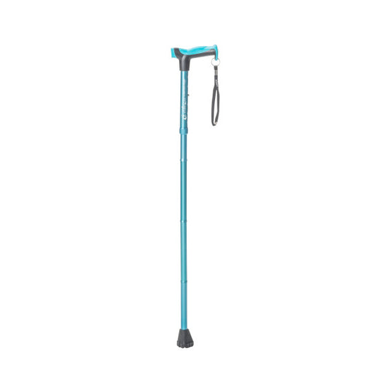 Blue walking cane with a black handle on a white background