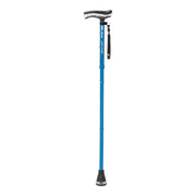 Blue walking cane with black handle on a white background