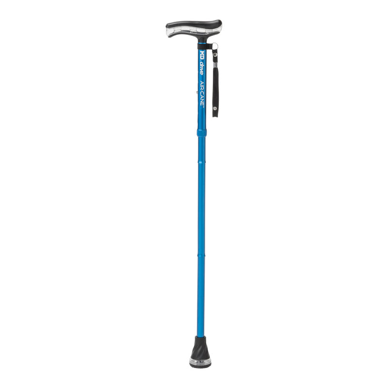 Blue walking cane with black handle on a white background