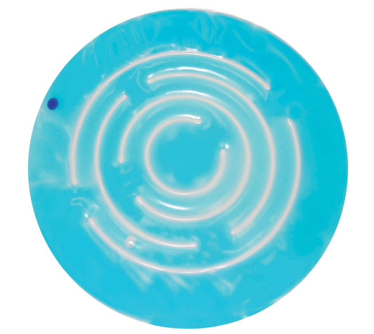 Blue circular object with white spiral pattern on a white background