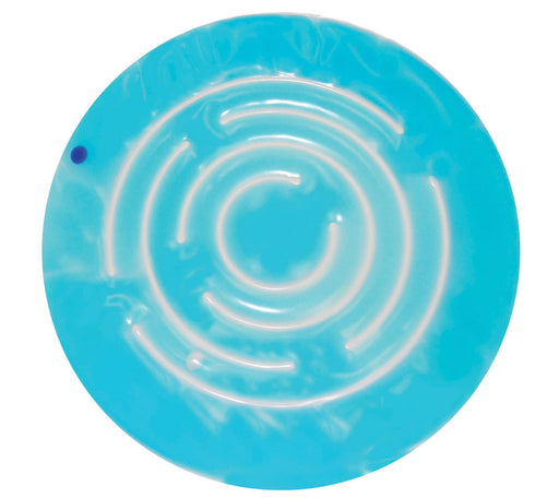 Blue circular object with white spiral pattern on a white background