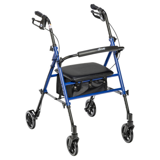 Blue and black walker with wheels on a white background