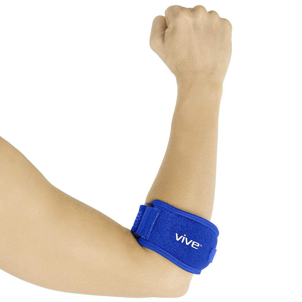 Blue wrist support brace on a person's wrist with 'Vive' branding against a white background