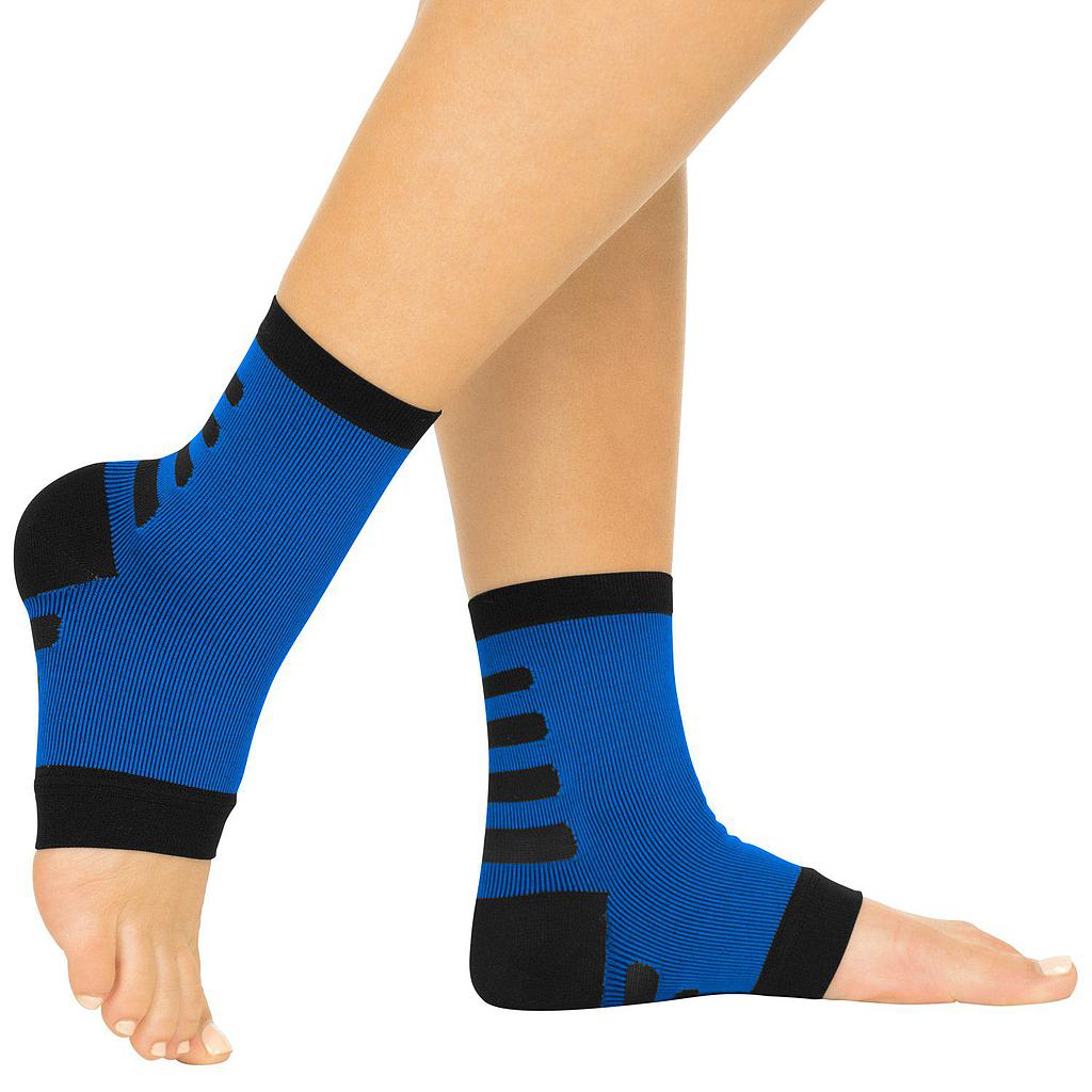 Blue ankle support sleeves with black accents on a white background