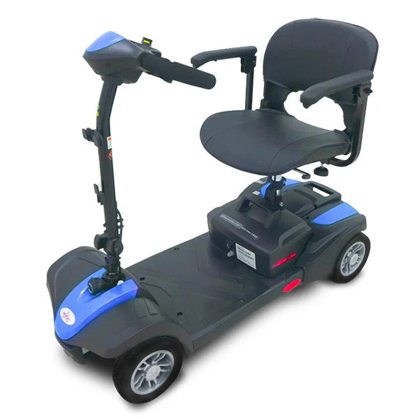 Black and blue mobility scooter on a white background