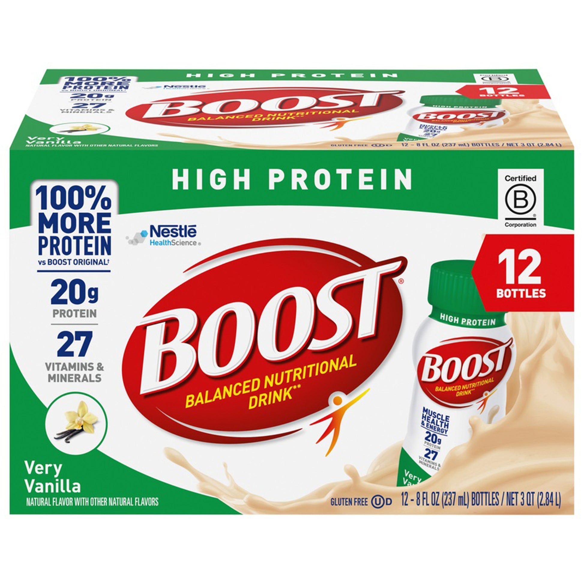 Box of Boost High Protein Balanced Nutritional Drink in Very Vanilla flavor with Nestle logo.