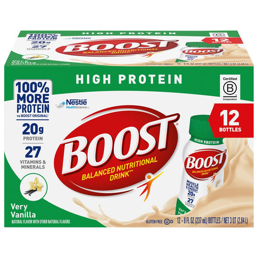 Box of Boost High Protein Balanced Nutritional Drink in Very Vanilla flavor with Nestle logo.