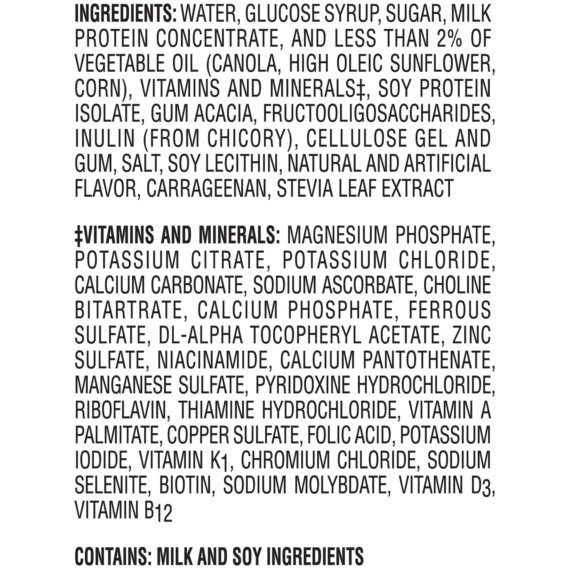 List of ingredients and vitamins/minerals on a white background