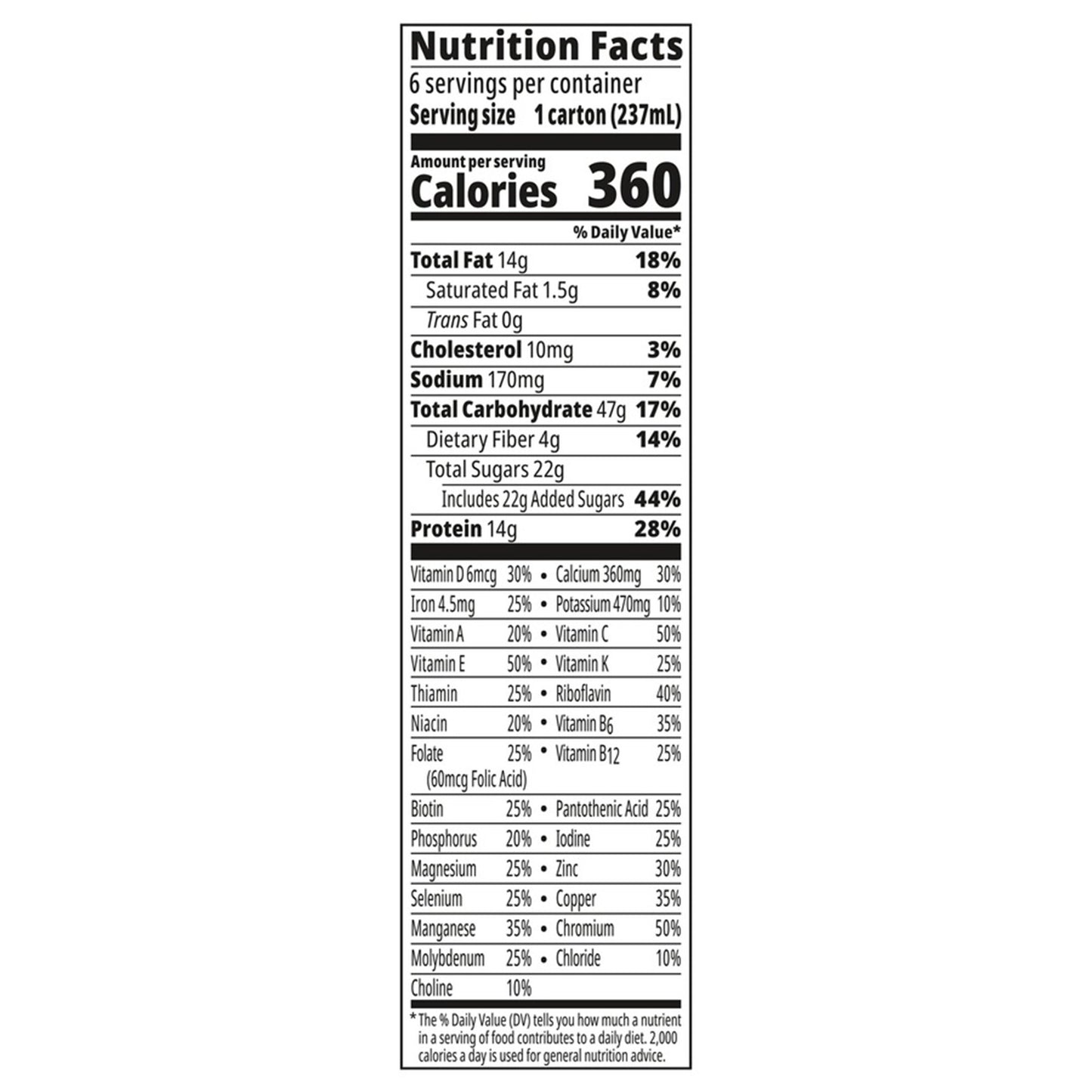 Nutrition facts label for a product with detailed calorie and nutrient information.