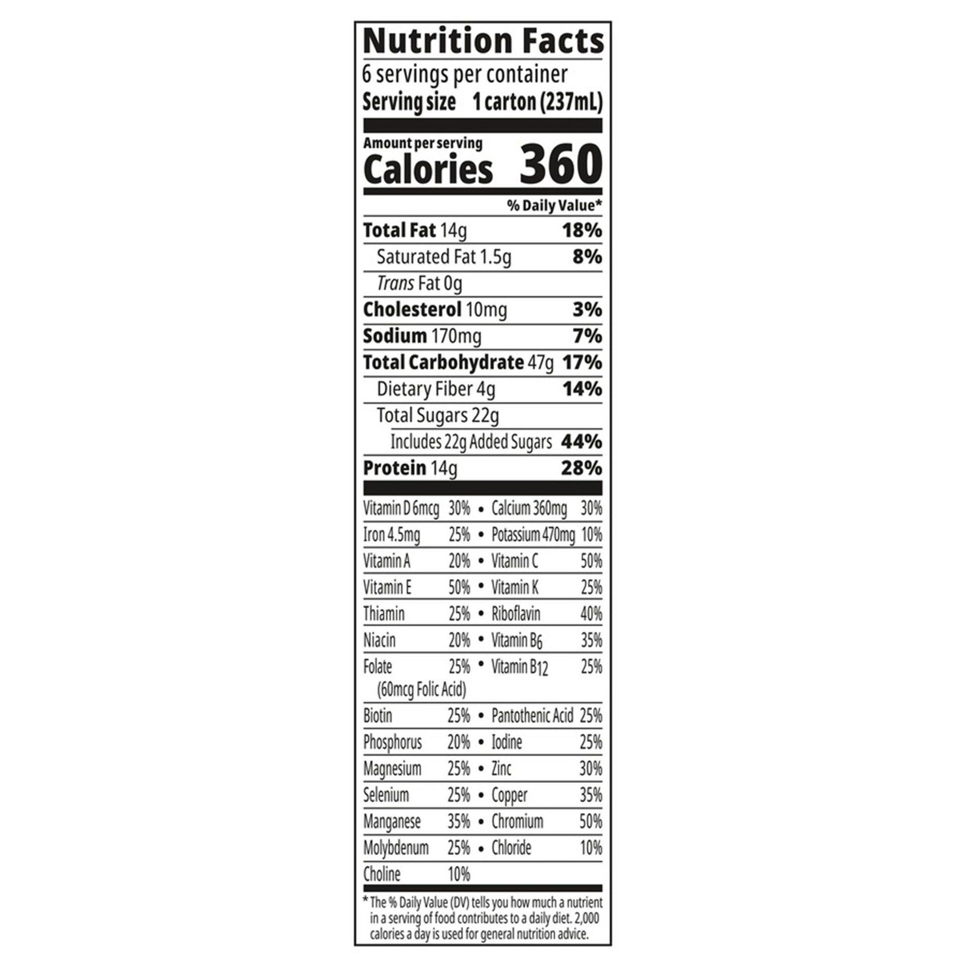 Nutrition facts label for a product with detailed calorie and nutrient information.