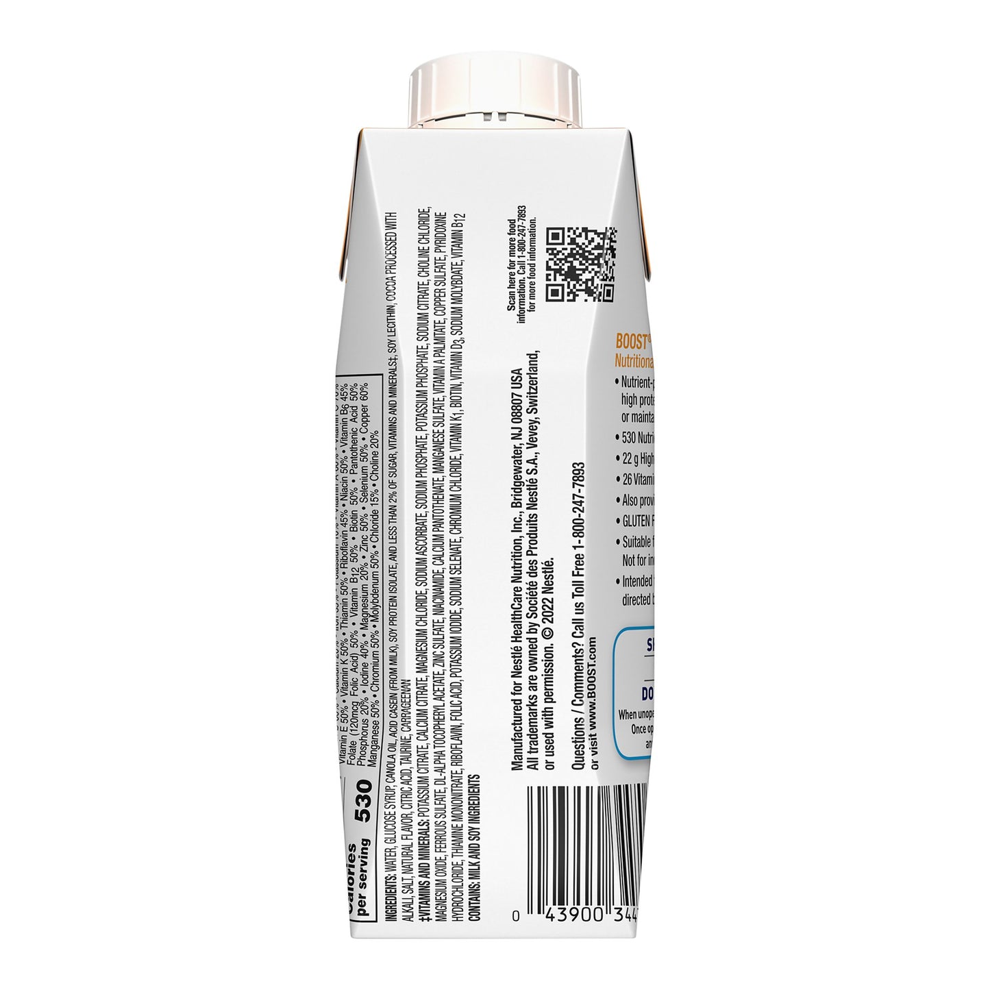 Back view of a white product packaging with text and a barcode on a white background
