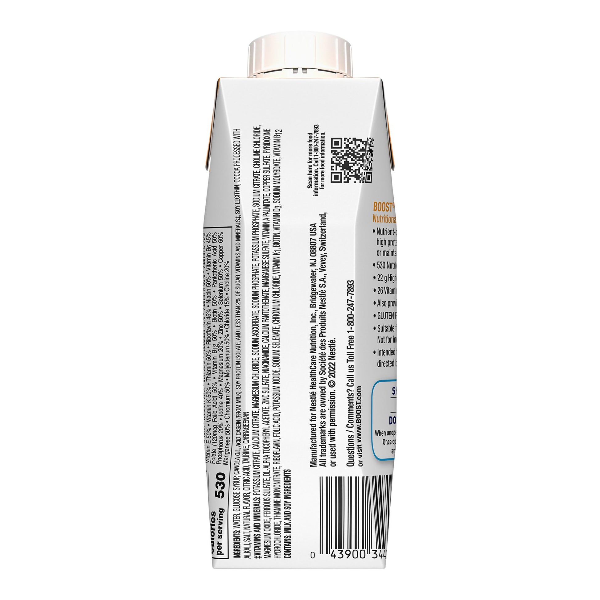 Back view of a white product packaging with text and a barcode on a white background