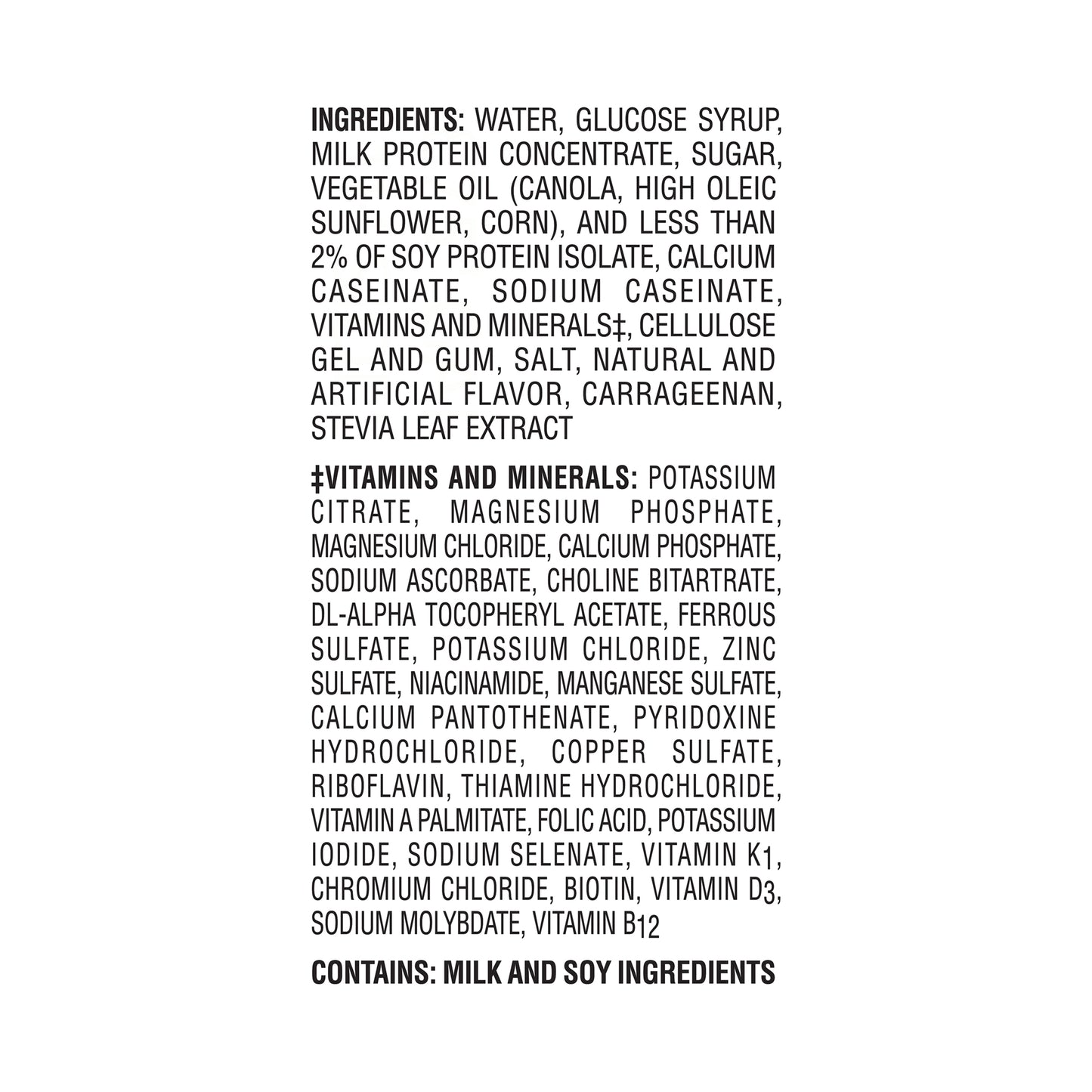 List of ingredients and vitamins/minerals on a white background