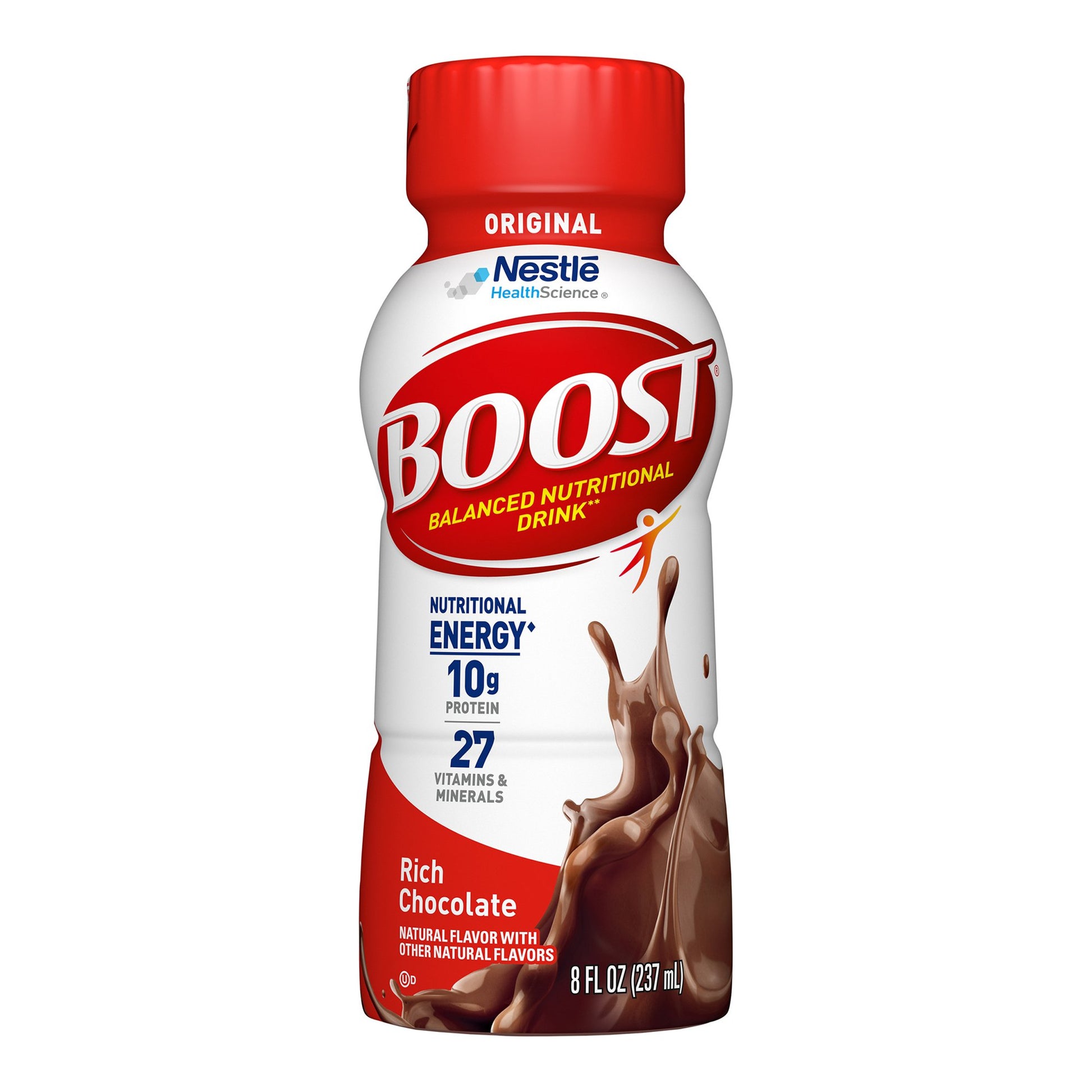 Boost nutritional drink bottle with red cap and white label on a white background