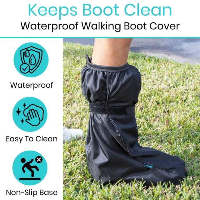 Waterproof walking boot cover with features listed on a grassy background