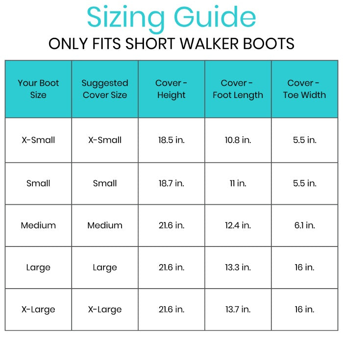 Sizing guide for short walker boots with dimensions listed.
