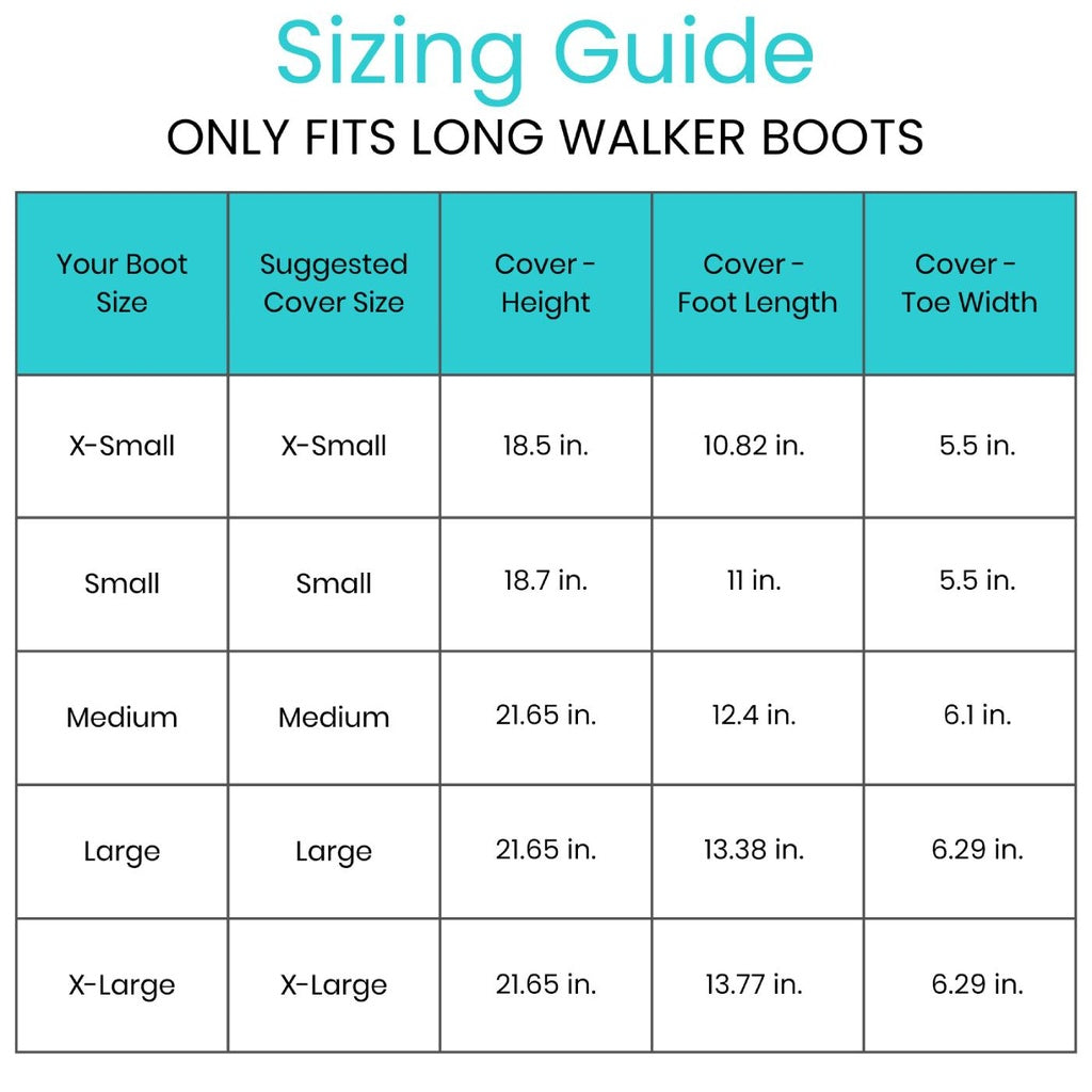 Sizing guide for long walker boots with dimensions listed.